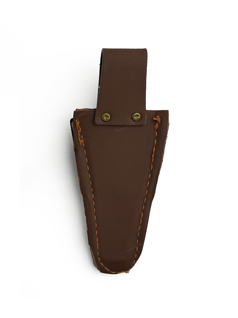 Close-up of the durable leather surface and fine stitching of the pruner sheath. The sheath offers rust protection, ensuring your gardening tools stay secure and ready for use.