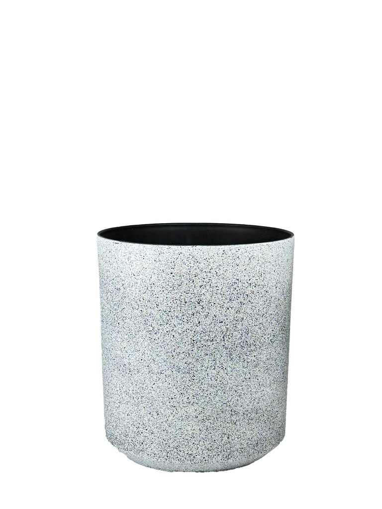 High-angle view of a speckled white planter with a minimalist cylindrical design, featuring a smooth matte finish and subtle texture. Its neutral tones complement various indoor and outdoor settings.