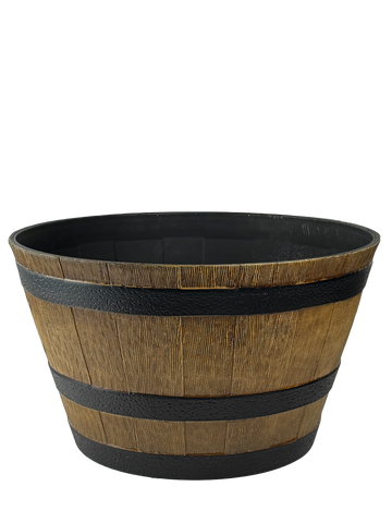 High-angle view of a weather-resistant planter with a realistic wood finish, designed in a classic barrel shape. Its lightweight, recycled plastic construction mimics natural wood for a rustic yet modern appeal.