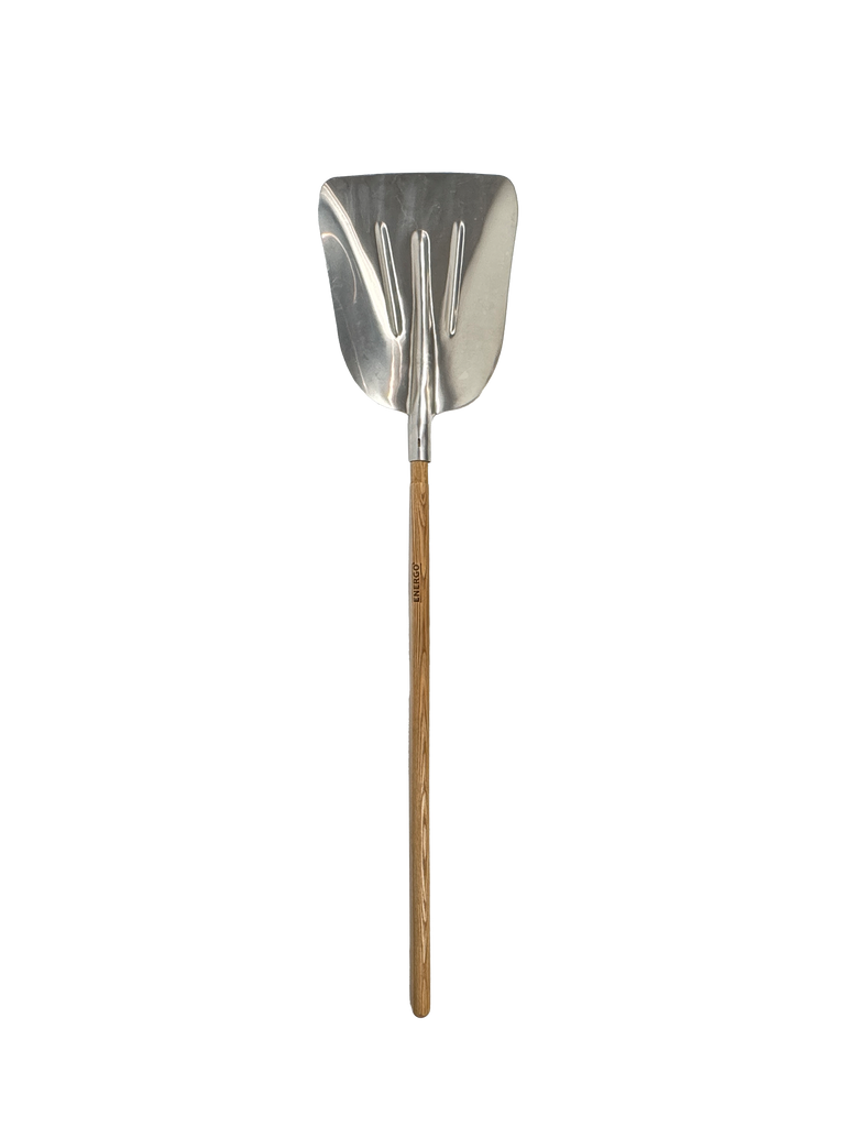 High-angle view of a heavy-duty wide square steel shovel, featuring a deep aluminum head and sturdy wood handle. Dual steps on the blade provide secure footing for efficient digging and scooping.